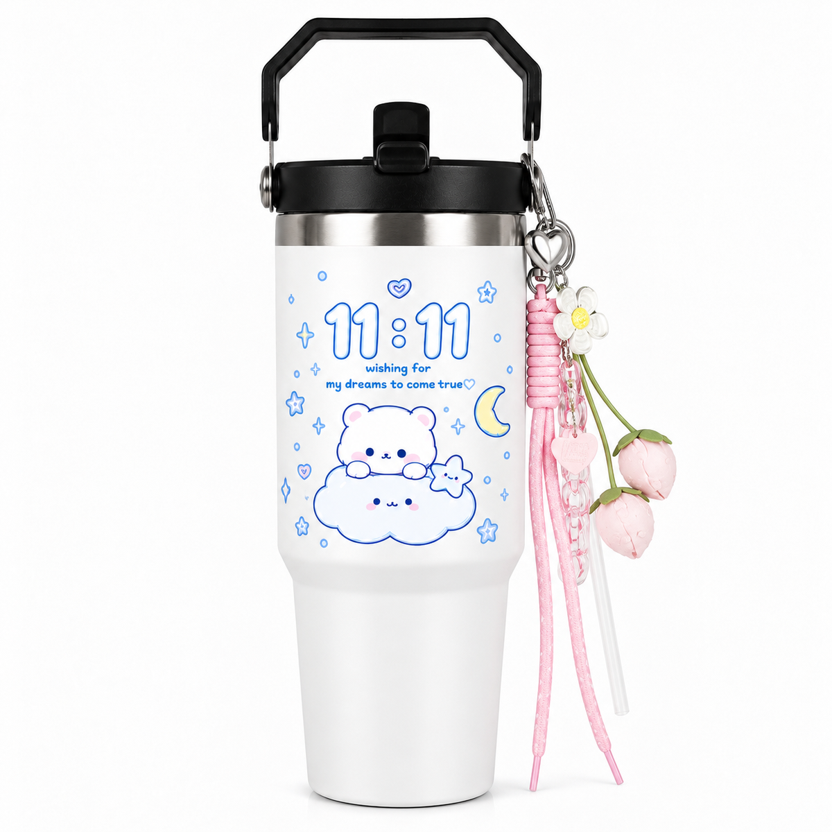11:11 Printed Tumbler with Handle & Straw | Reusable Travel Cup | Cute Everyday Drinkware