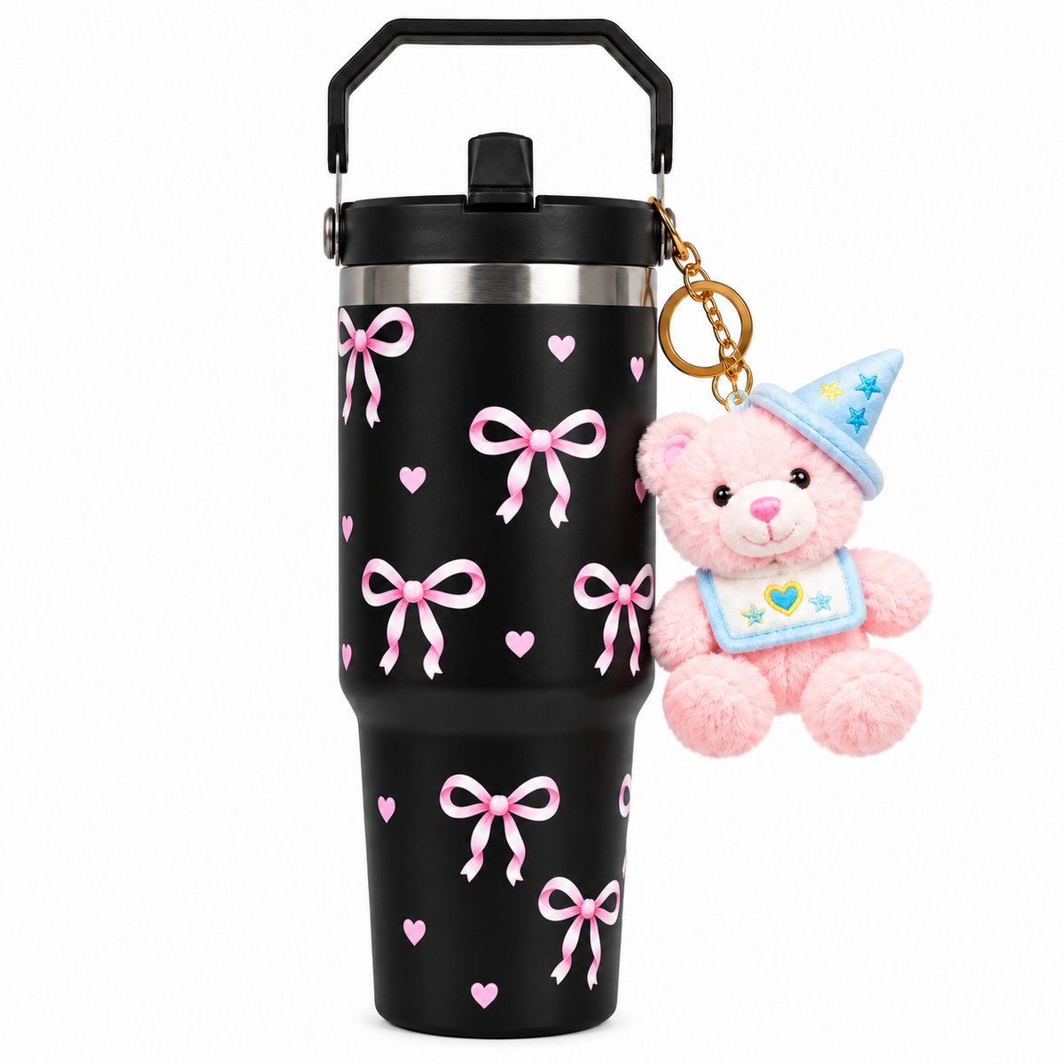 Bow Print Tumbler with Handle & Charm | Reusable Travel Cup | Cute Everyday Drinkware