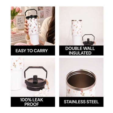 Floral Rose Print Tumbler with Handle & Straw | Reusable Travel Cup | Stylish Drinkware