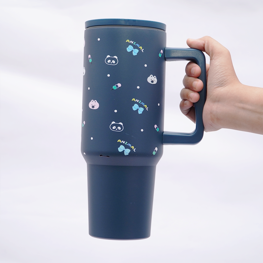 Cute Animal Print Stainless Steel Travel Tumbler with Handle & Leakproof Lid | Double Wall Vacuum Insulated Coffee Mug