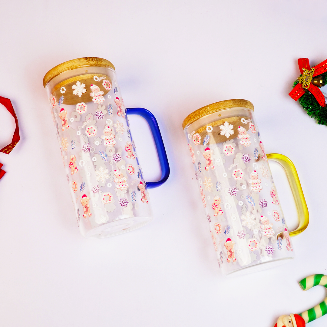 Christmas Ginger Bread with Minis Glass Tumbler with Handle & Bamboo Lid – Set of 2 | Festive Holiday Design with Straw