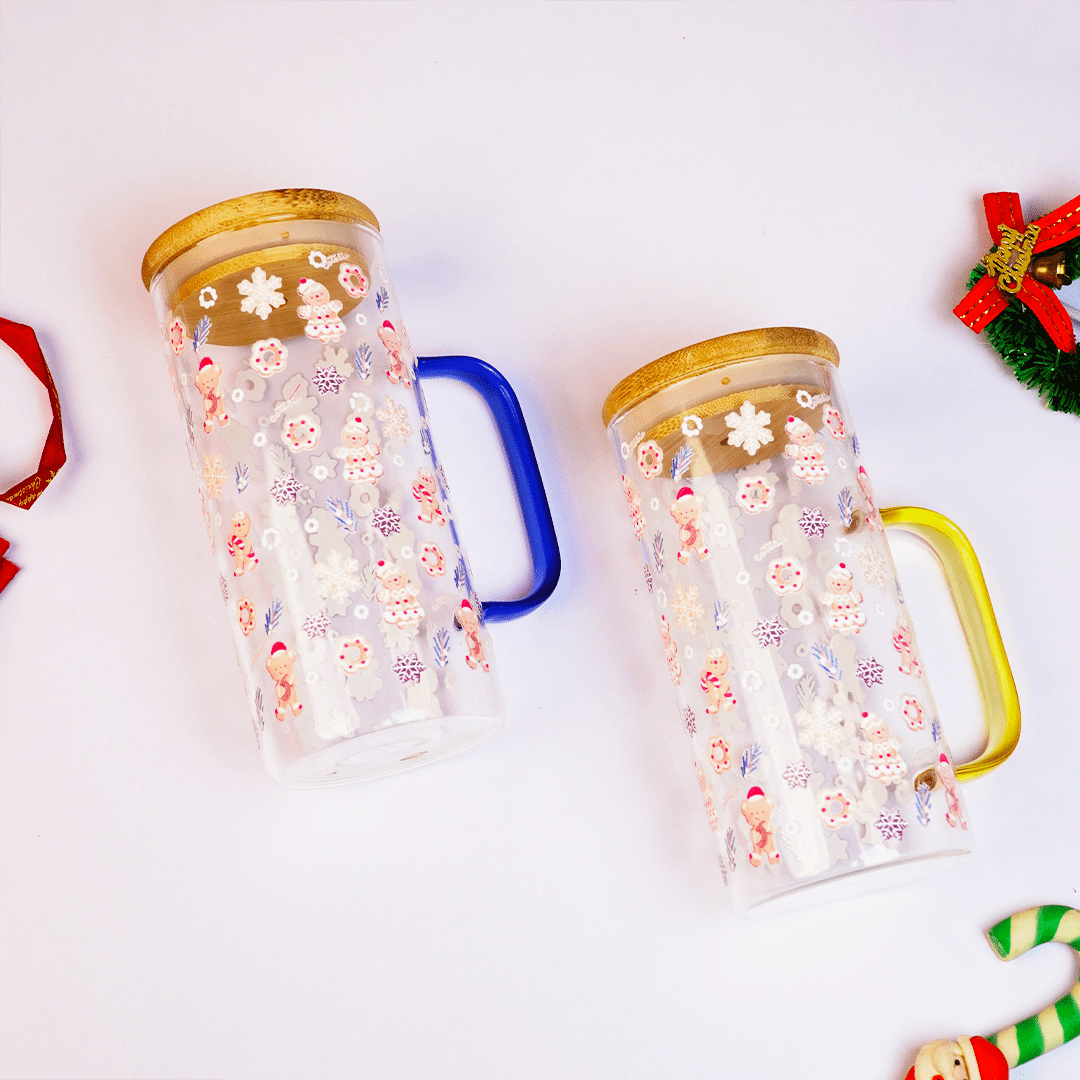Christmas Ginger Bread with Minis Glass Tumbler with Handle & Bamboo Lid – Set of 2 | Festive Holiday Design with Straw - Memories Insite
