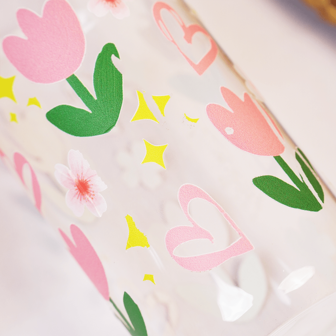 Set-2 Floral Glass Tumbler with Bamboo Lid & Straw - Memories Insite