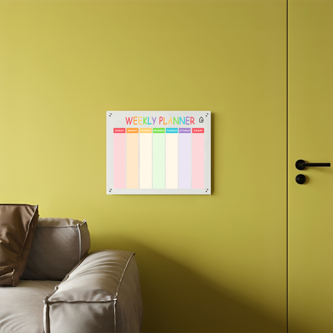 White Acrylic Weekly Wall Planner – Reusable Dry Erase Rainbow Schedule Board | Sunday Start | Color-Coded Weekly Organizer for Home, Office & Study