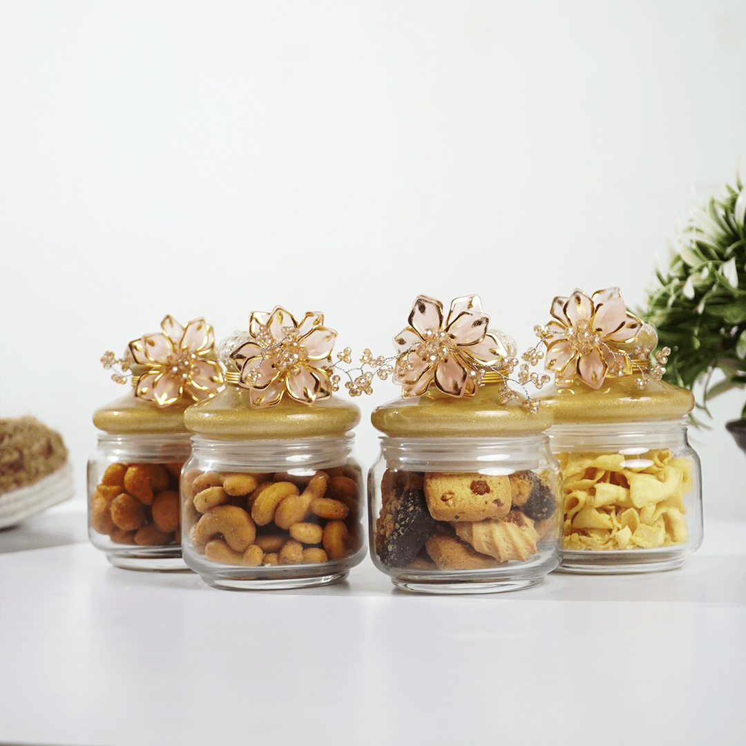 Set-4 Luxury Decorative Storage Jars Set with Pearl & Floral Lid - Memories InsiteLUXURY DECORATIVE STORAGES JAR SET