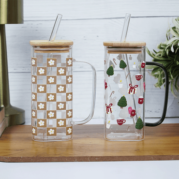 Set-2 Trendy Printed Glass Cup with Bamboo Lid & Straw - Memories Insite