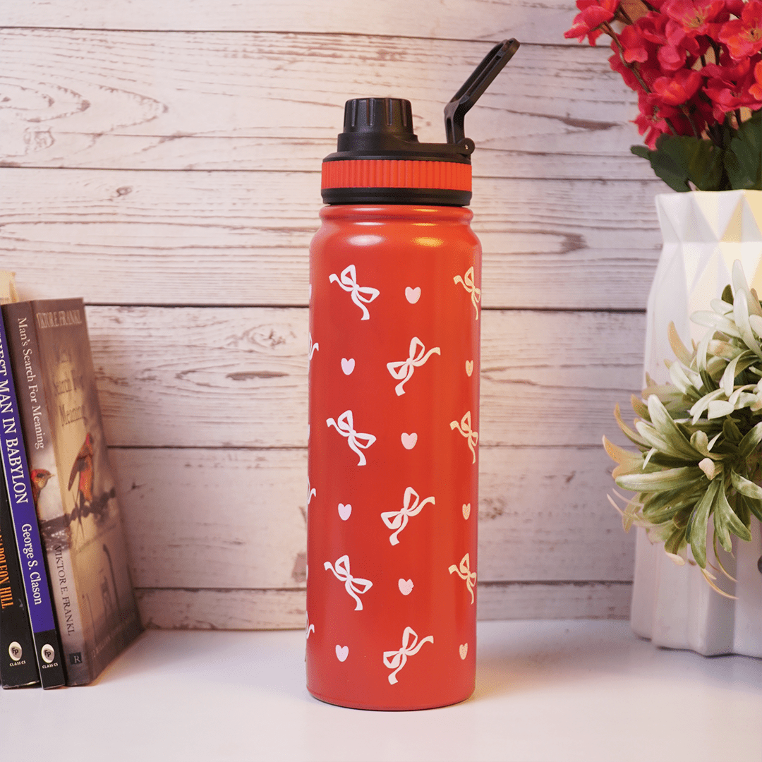 Cherry Bow Print Stainless Steel Water Bottle 600 ML - Memories InsiteCHERRY BOW PRINT WATER BOTTLE - RED -600 ml