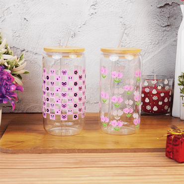 Set-2 Glass Tumbler with Bamboo Lid & Straw - Memories Insite