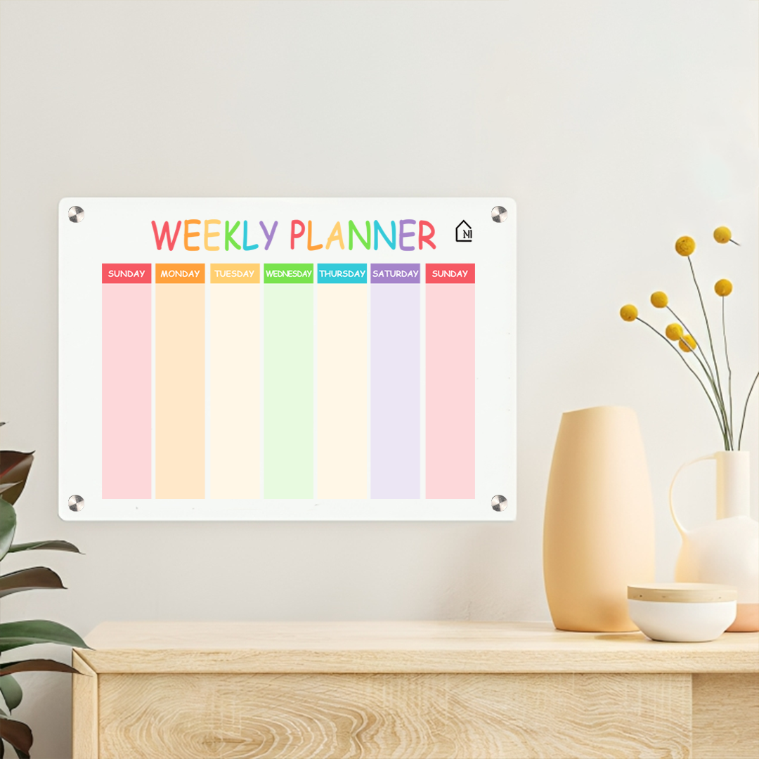 White Acrylic Weekly Wall Planner – Reusable Dry Erase Rainbow Schedule Board | Sunday Start | Color-Coded Weekly Organizer for Home, Office & Study