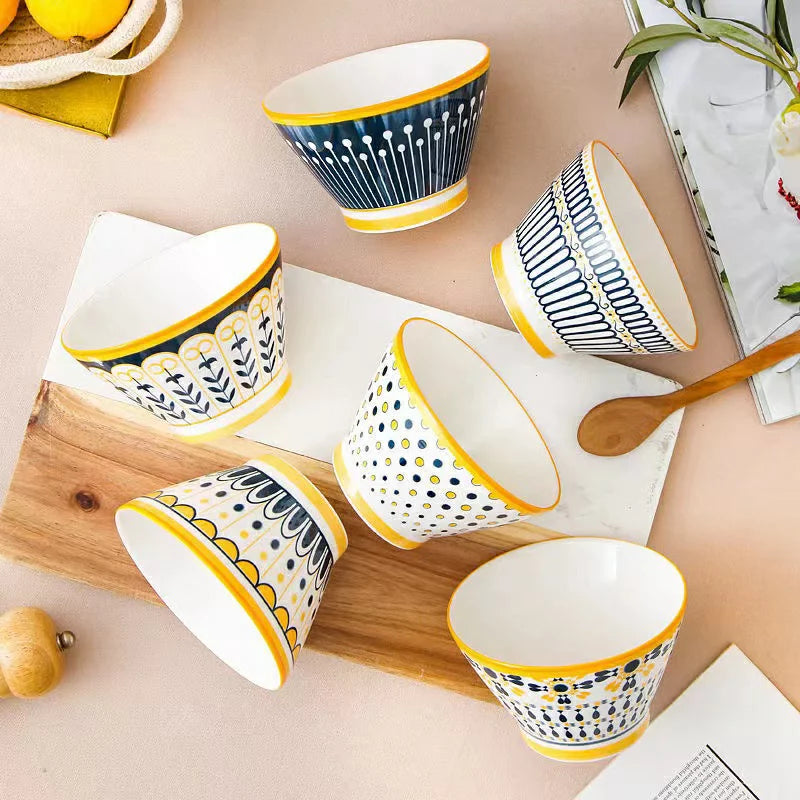 Golden Rim Harmony Bowls – Set of 6 | Elegant Ceramic Serving Bowls