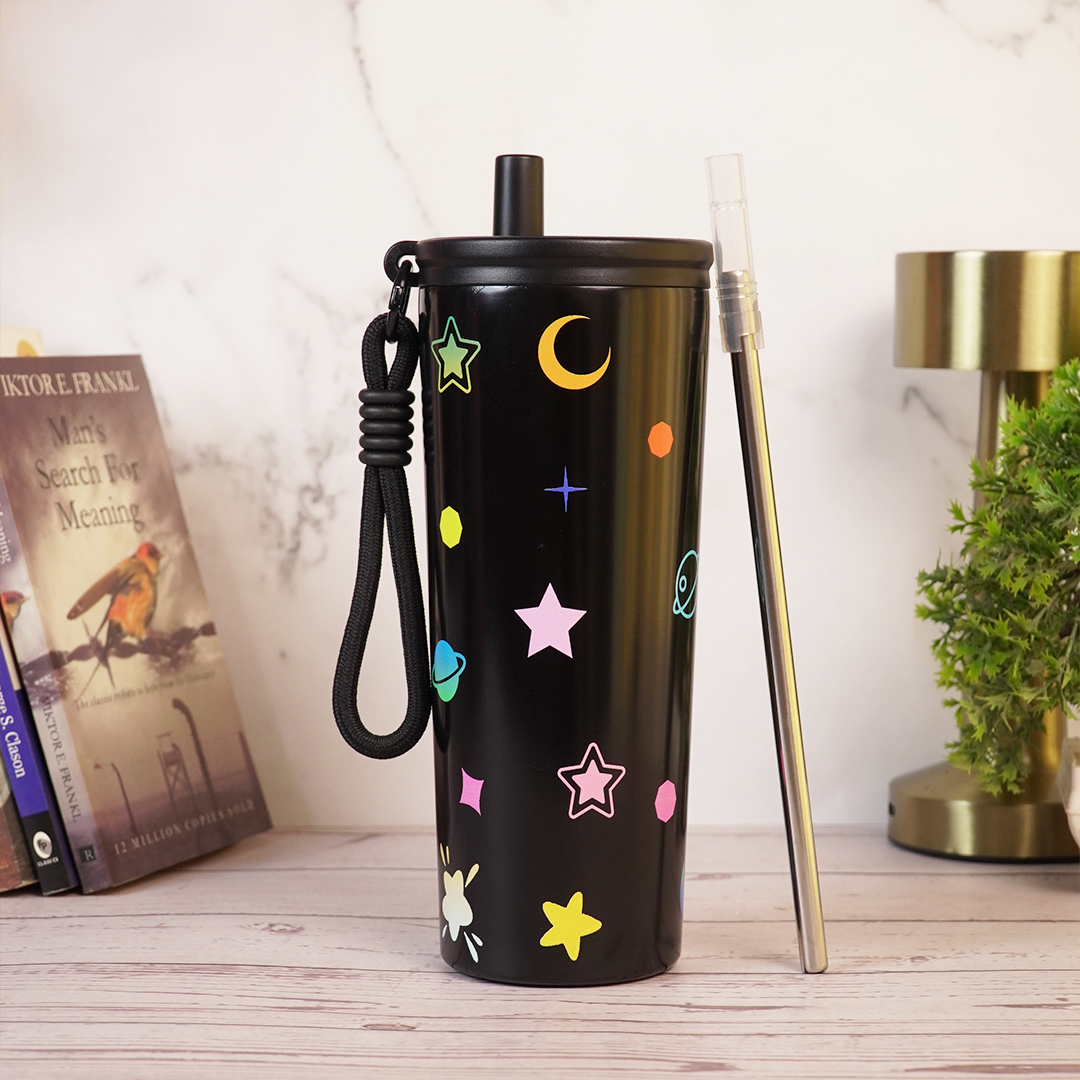 Galaxy Theme Stainless Steel Sipper Bottle with Straw