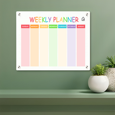 White Acrylic Weekly Wall Planner – Reusable Dry Erase Rainbow Schedule Board | Sunday Start | Color-Coded Weekly Organizer for Home, Office & Study