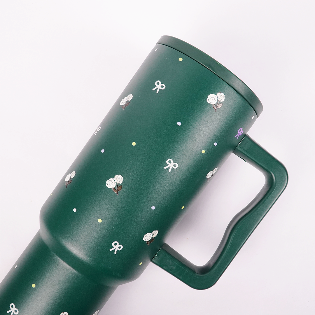 Floral Bow GREEN Tumbler with Straw & Handle