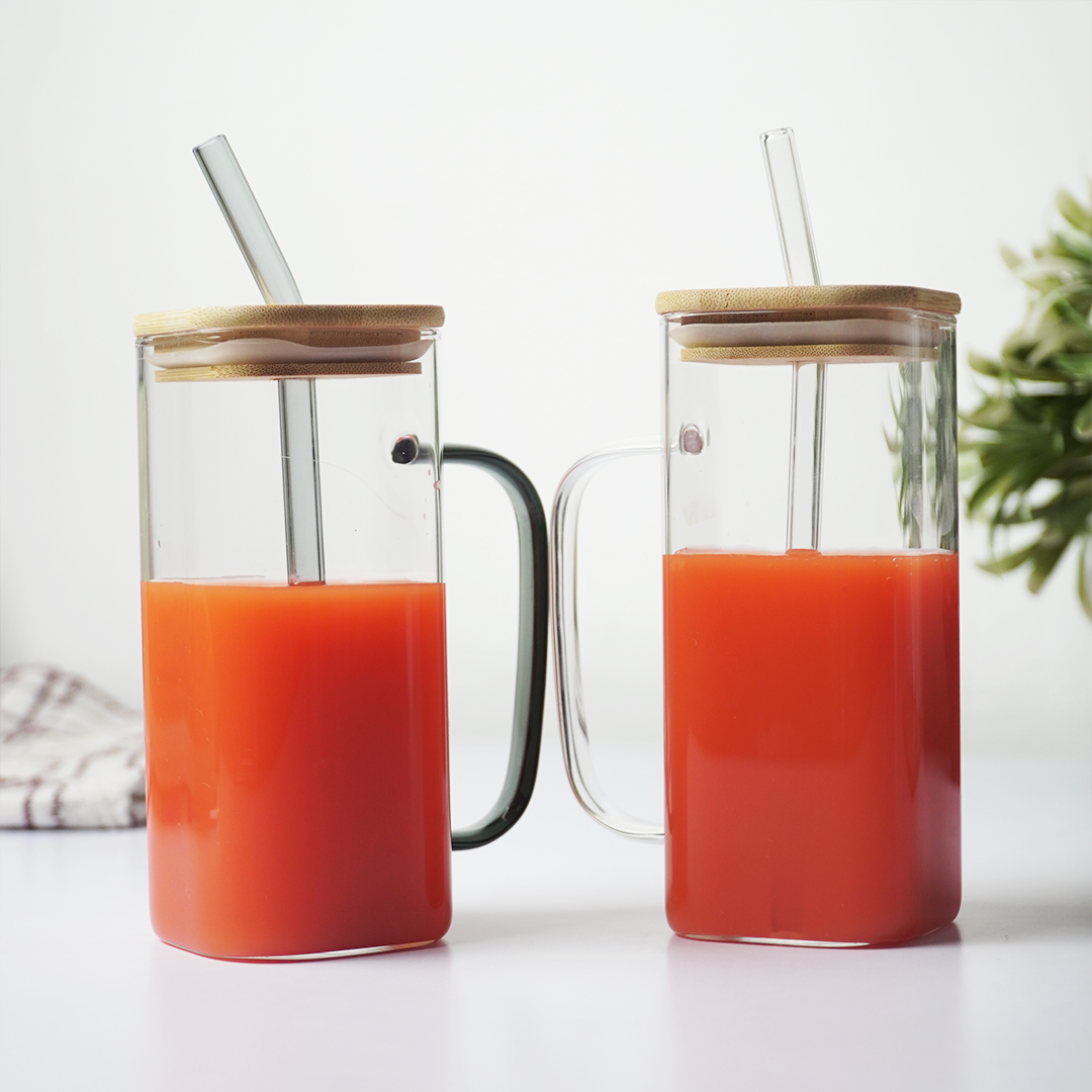 Glass Mug with Bamboo Lid & Reusable Straw | Clear Drinking Glass with Handle for Coffee