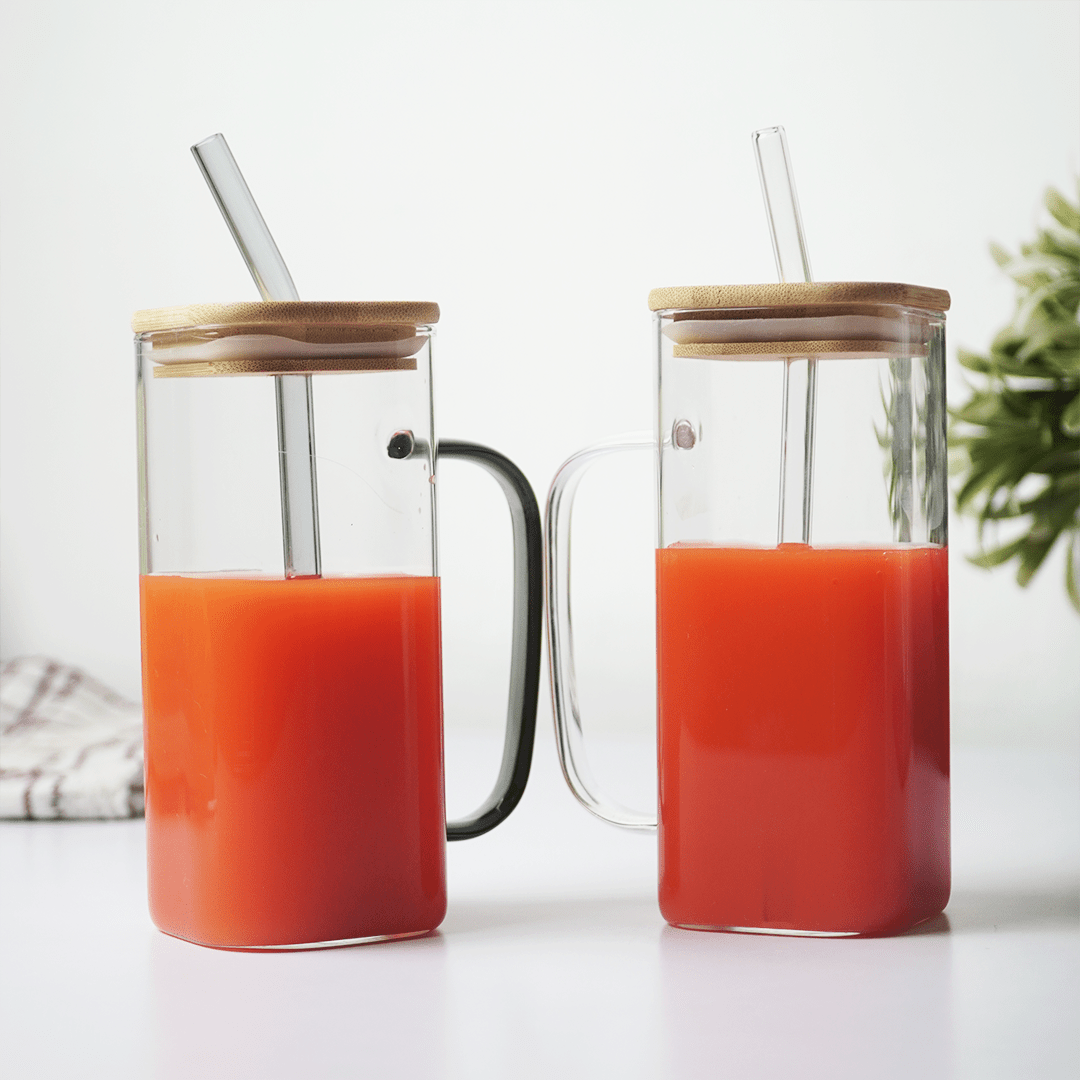 Glass Mug with Bamboo Lid & Reusable Straw | Clear Drinking Glass with Handle for Coffee - Memories Insite