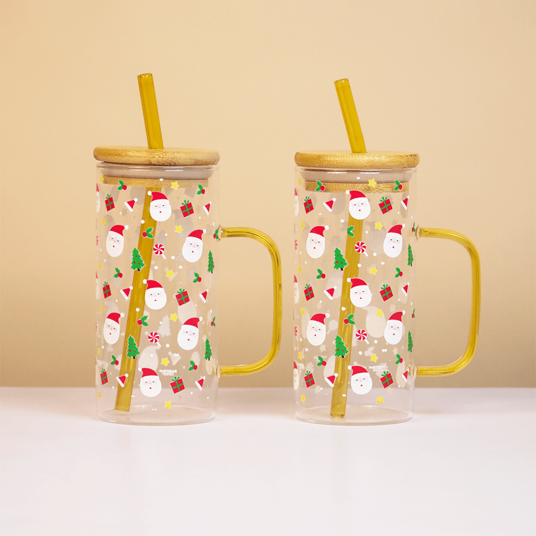 Christmas Santa Glass Tumbler with Handle & Bamboo Lid – Set of 2 | Festive Holiday Design with Straw - Memories Insite