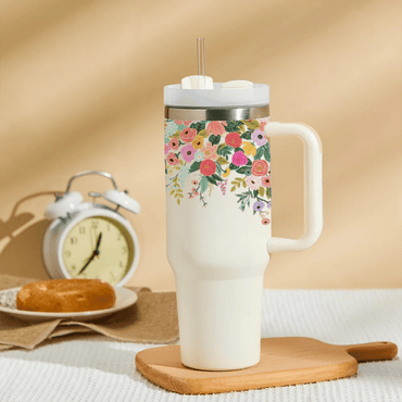 BotaniCup Tumbler with Straw & Lid - Memories InsiteCOLOURFULL MIX FLOWERS TUMBLER-(WHITE STAN)