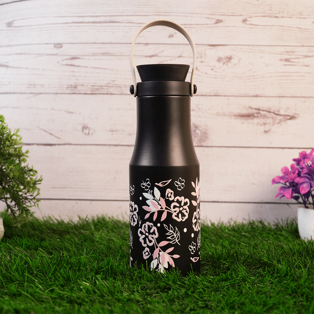 Floral Printed Stainless Steel Water Bottle- 500 ML - Memories Insite500ML FLORAL PRINTED STAINLESS black milk BOTTLE