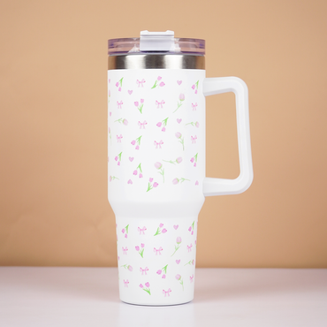 Floral Stainless Steel Insulated Tumbler with Handle & Straw – 1200ml Leakproof Travel Mug | Height 27cm, Width 7cm