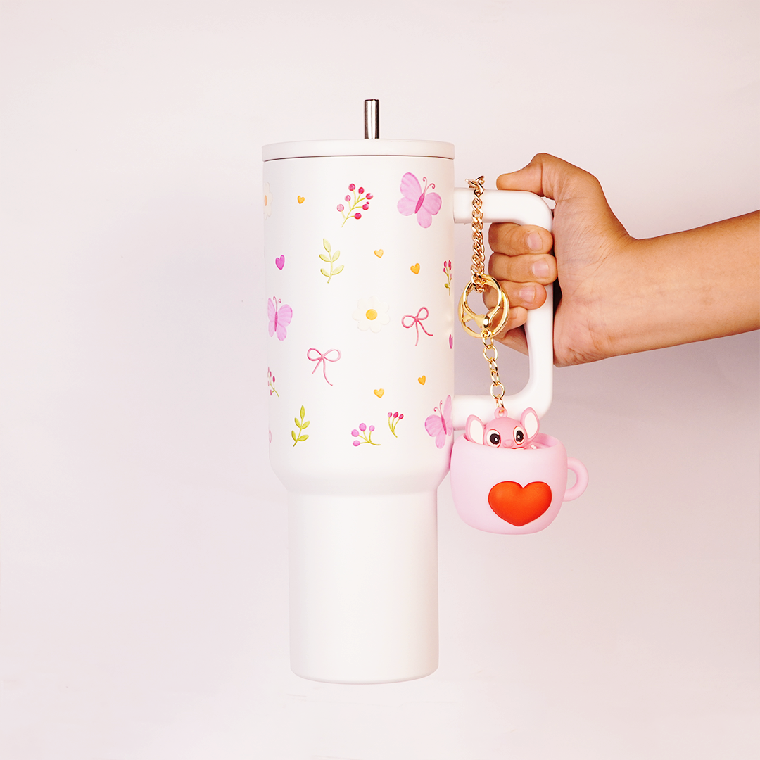 Butterfly, Bow & Floral Print travel WHITE Tumbler