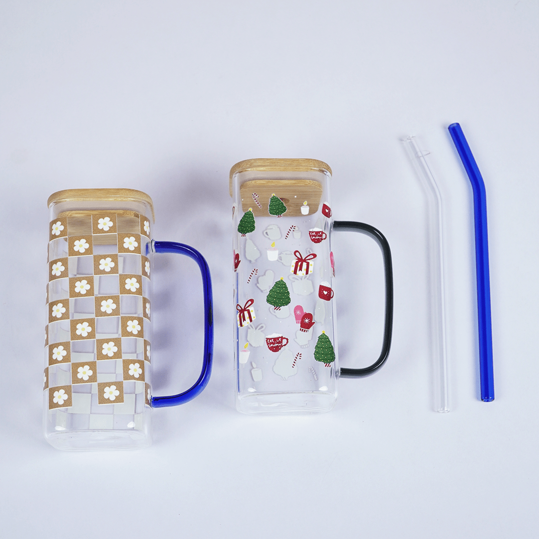 Set-2 Trendy Printed Glass Cup with Bamboo Lid & Straw - Memories Insite