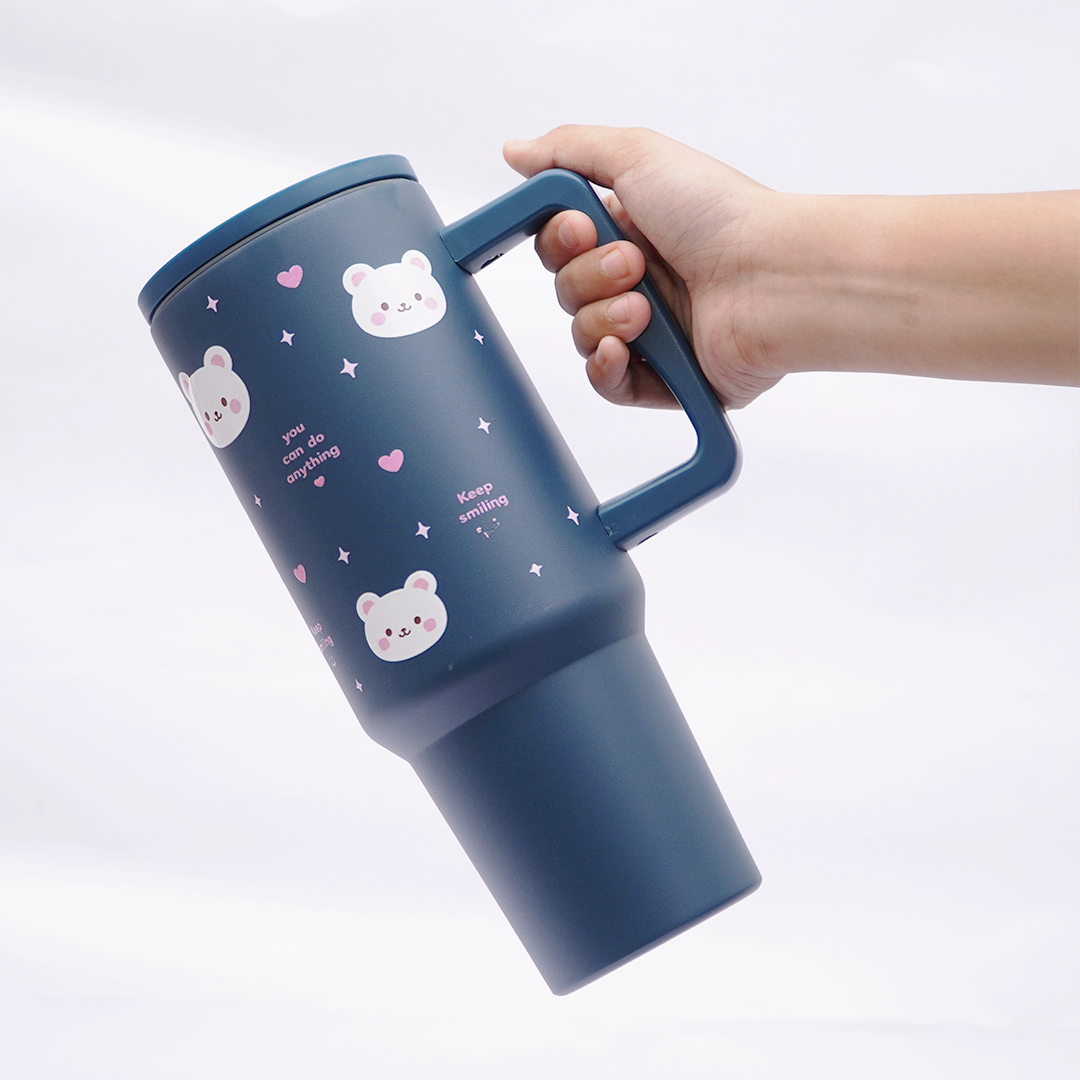 Cute Bear Stainless Steel Travel Tumbler with Handle & Leakproof Lid | Double Wall Vacuum Insulated Coffee Mug
