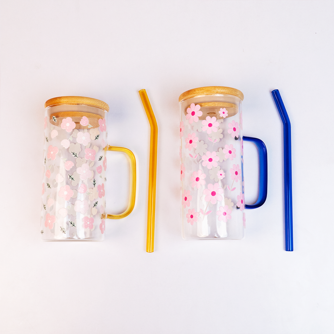 Set of 2 Blossom Glass Tumbler with Bamboo Lid & Straw