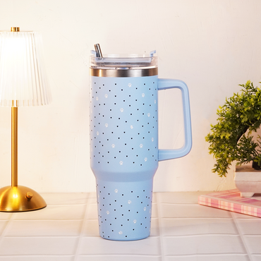 Blue Paw & Heart Print Tumbler – Insulated Travel Tumbler with Handle & Straw