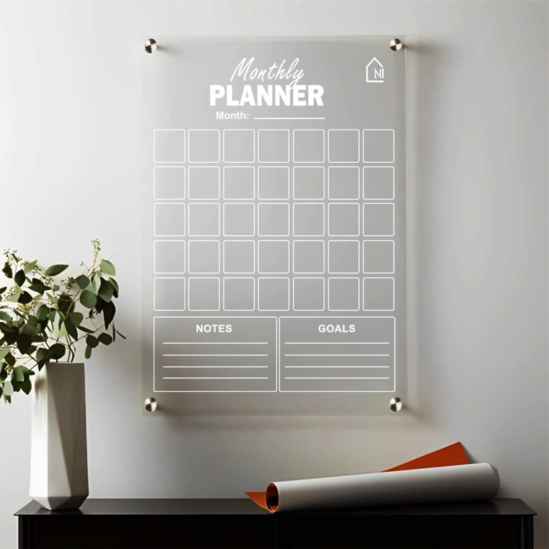 Premium Acrylic Monthly Planner Board with Notes & Goals Section – Reusable Wall Calendar