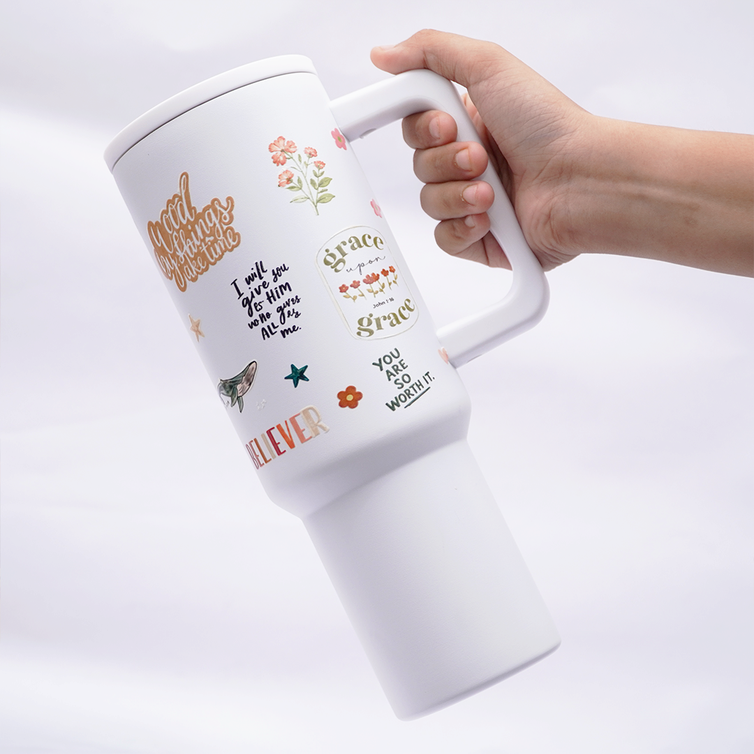 Faith & Scripture Stainless Steel Travel Tumbler with Handle & Leakproof Lid | Double Wall Vacuum Insulated Coffee Mug