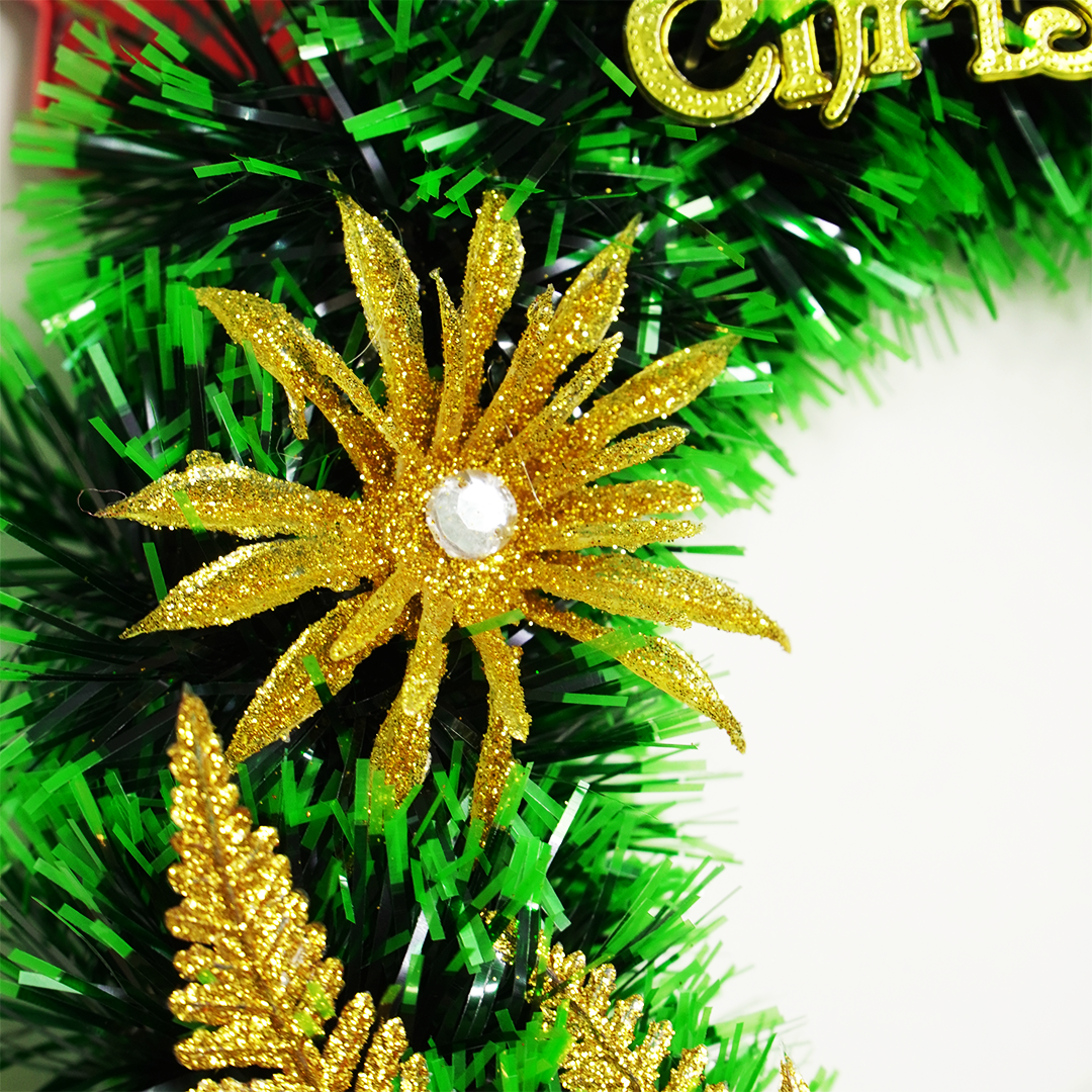 Festive Green Christmas Wreath with Golden Décor & Red Bow - Memories Insite
