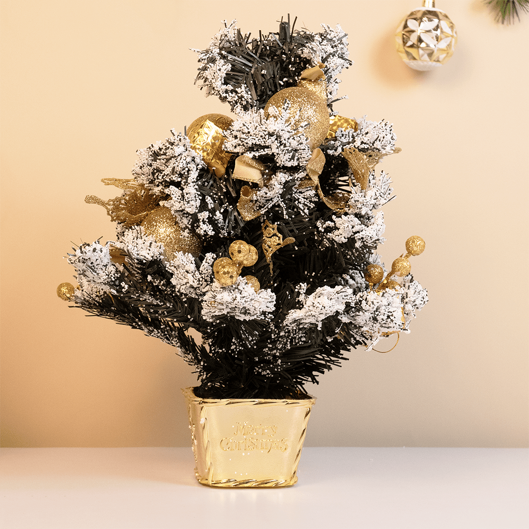 Snow-Frosted Mini Christmas Tree with Golden Decorations ( Random colors) - Memories Insite