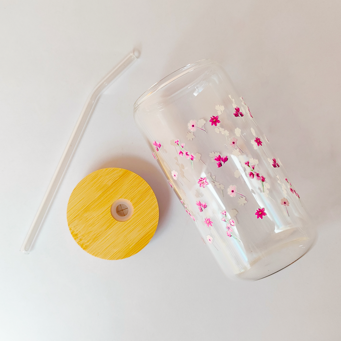 Pink Blossom Glass Tumbler with Bamboo Lid & Straw – Elegant Floral Drinkware