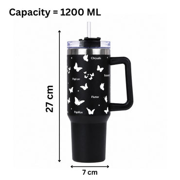Black Butterfly Print Tumbler with Straw & Handle – Insulated Travel Tumbler