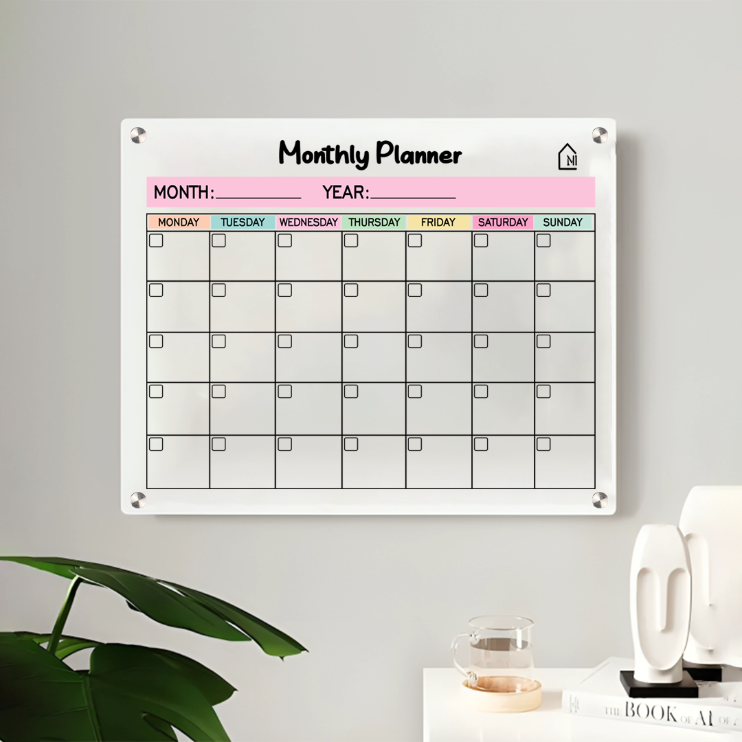 White Acrylic Monthly Wall Planner – Reusable Calendar Board with Dry Erase Surface | Home, Office & Study Organizer