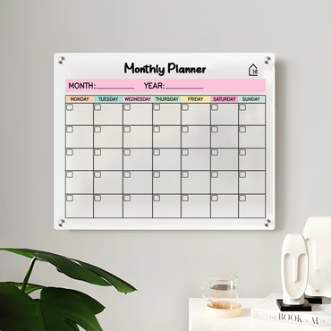 White Acrylic Monthly Wall Planner – Reusable Calendar Board with Dry Erase Surface | Home, Office & Study Organizer