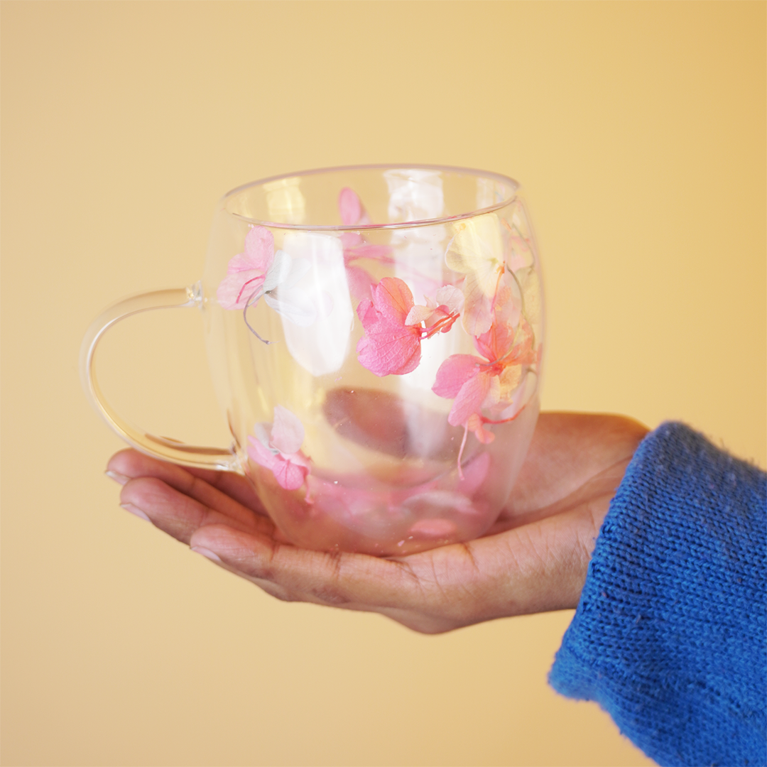 Dried Flowers Double Wall Borosilicate Glass Mug with handle