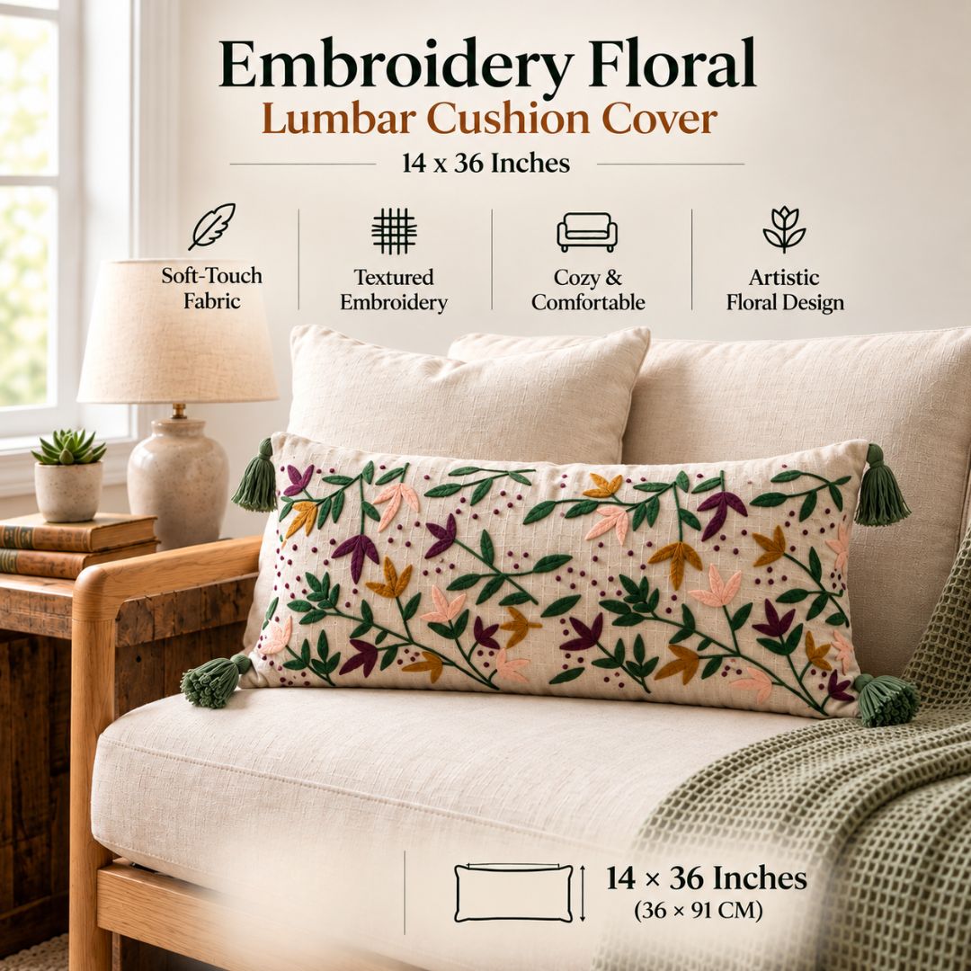 Floral Embroidered Lumbar Cushion Cover – 14 × 36 Inch