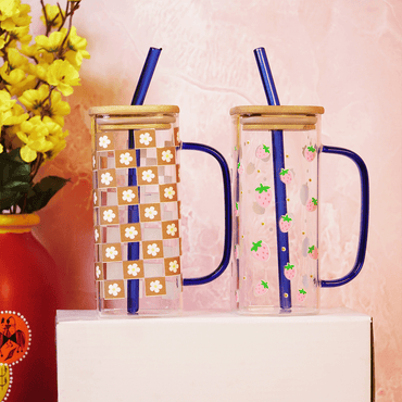 Set-2 Printed Glass Cup With Bamboo Lid & Reusable Straw - Memories Insite