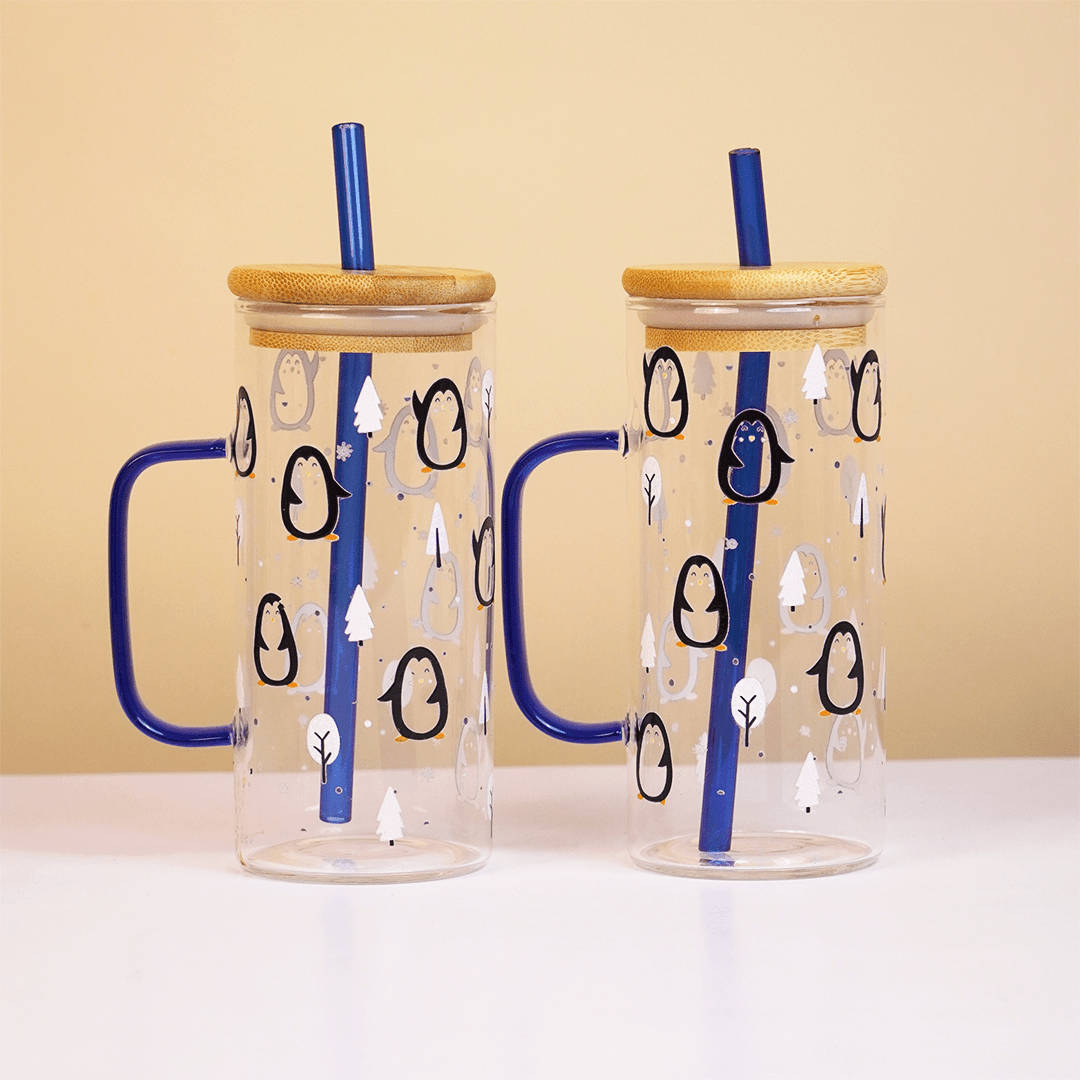 Winter Penguin in Forest Glass Tumbler with Handle & Bamboo Lid – Set of 2 | Festive Holiday Design with Straw - Memories Insite