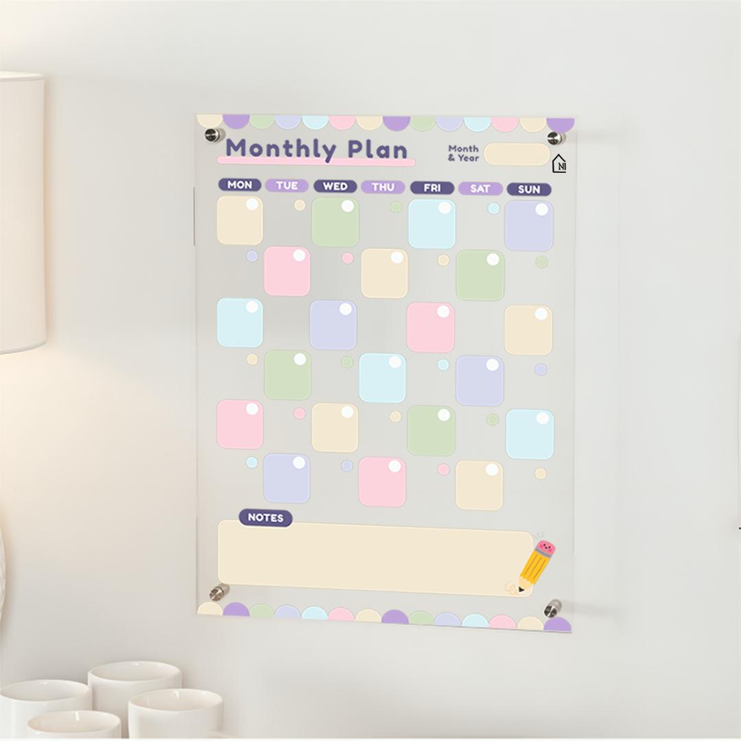 Colorful Acrylic Monthly Planner Board with Notes Section – Reusable Wall Calendar for Home & Office