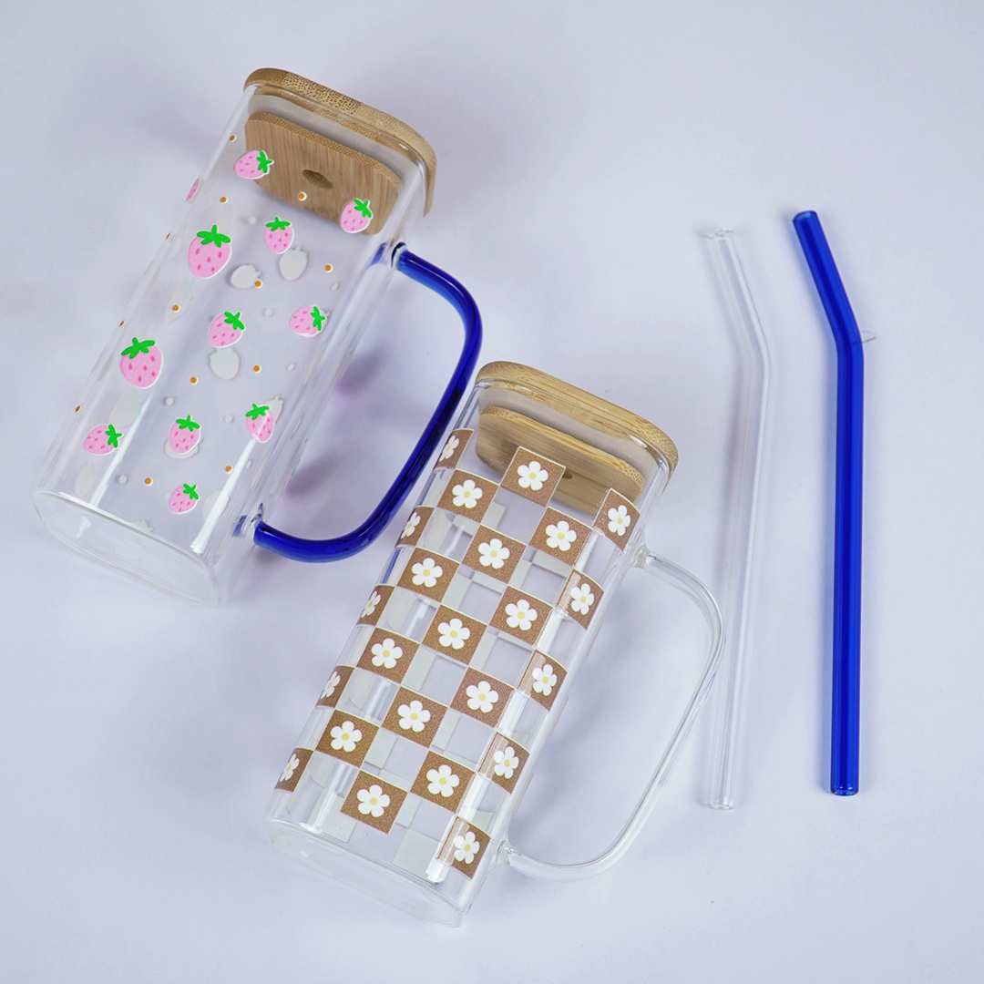Set-2 Printed Glass Cup With Bamboo Lid & Reusable Straw