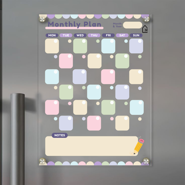 Pastel Acrylic Monthly Planner Board – Magnetic Fridge Organizer with Notes Section, Pens & Rag