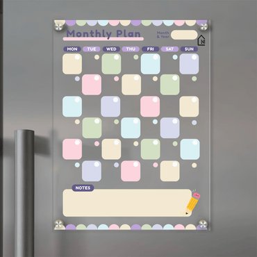Pastel Acrylic Monthly Planner Board – Magnetic Fridge Organizer with Notes Section, Pens & Rag - Memories InsitePASTEL BLOCK MONTHLY FRIDGE PLANNER 1