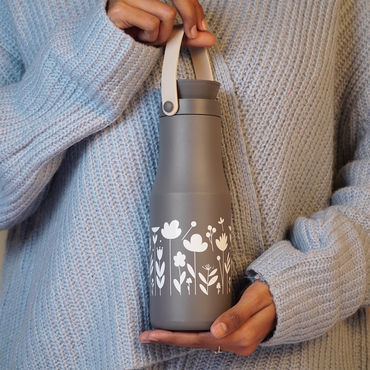 Matte Grey Floral Stainless Steel Water Bottle