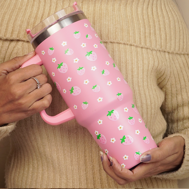 Cute Strawberry Stainless Steel Tumbler with Straw & Handle