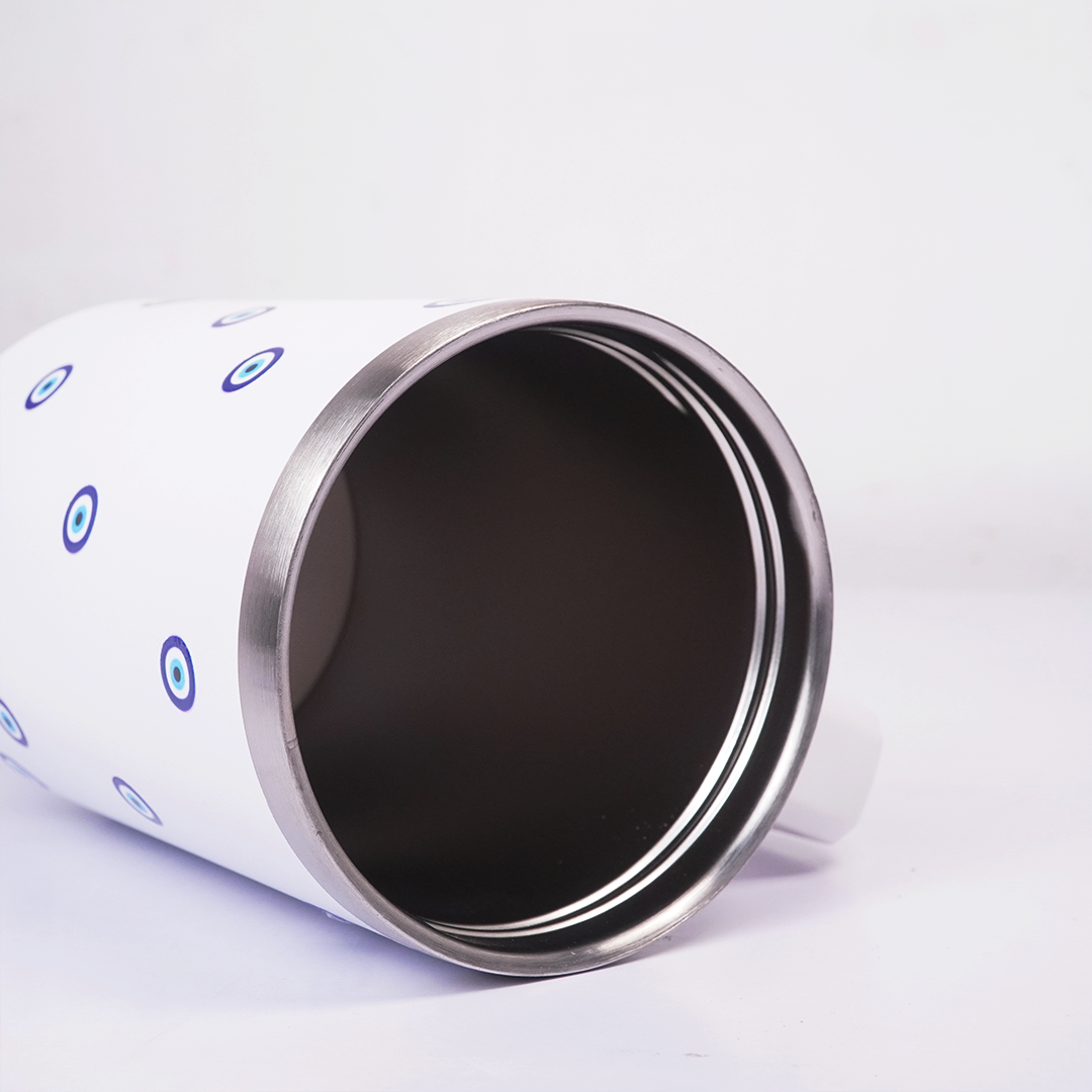 White Evil Eye Print Tumbler with Straw & Handle