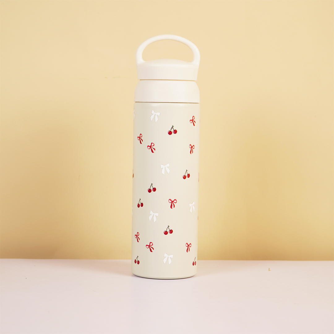 Cherry Charm Water Bottle – Stay Fresh in Style-White