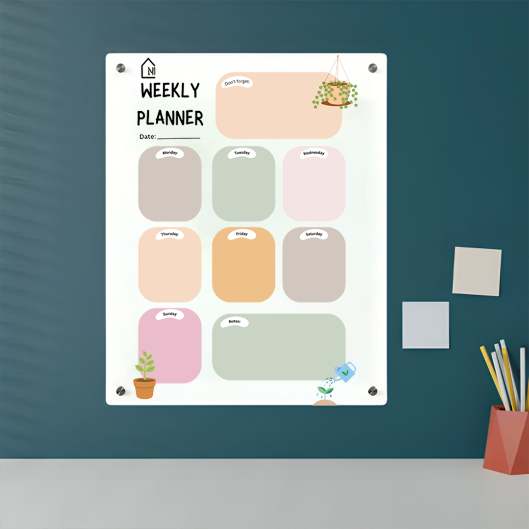 Acrylic Milky Weekly Planner Board – Pastel Design with Notes & Reminder Section