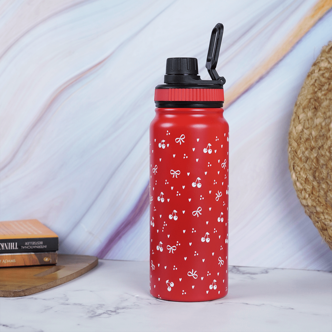 Cherry Print Stainless Steel Water Bottle - 600 ML - Memories InsiteCHERRY PRINT WATER BOTTLE RED -600 ML